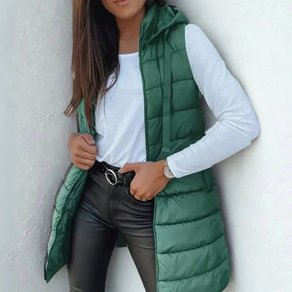 Women's Longline Hooded Sleeveless Puffer Vest for Layering Full