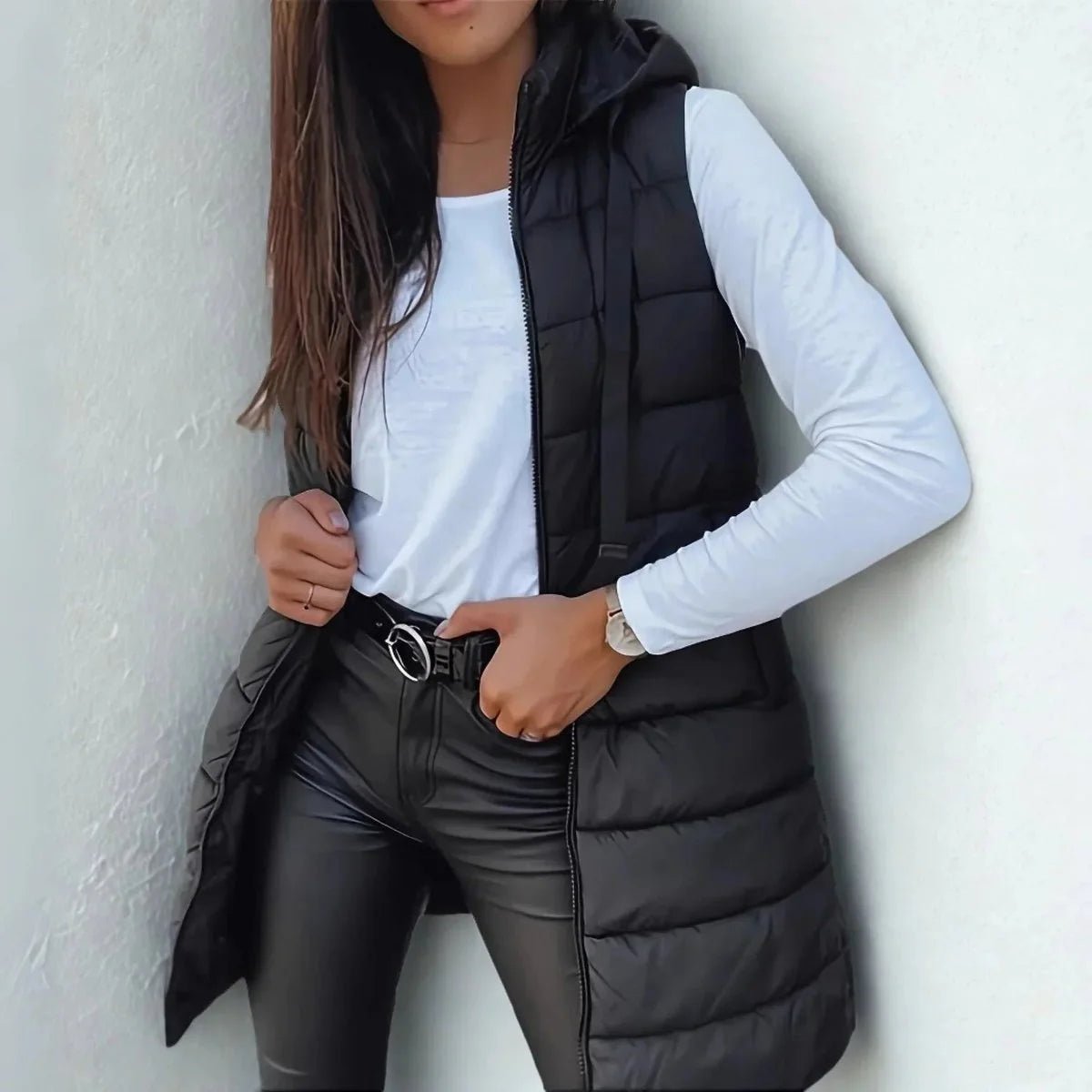 Women's Longline Hooded Sleeveless Puffer Vest for Layering Hero
