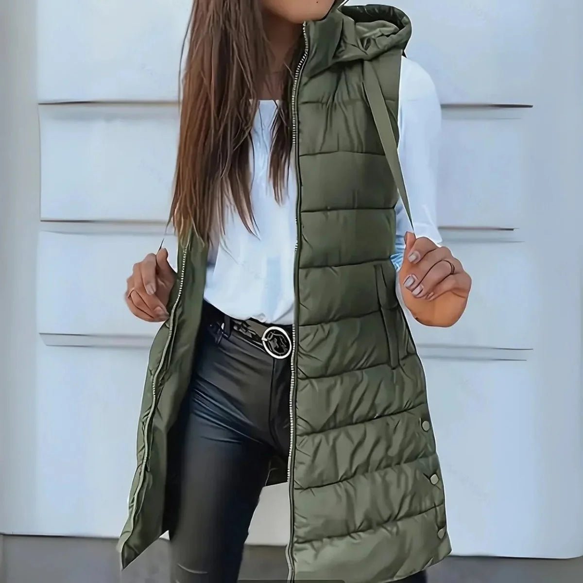 Women's Longline Hooded Sleeveless Puffer Vest for Layering Side