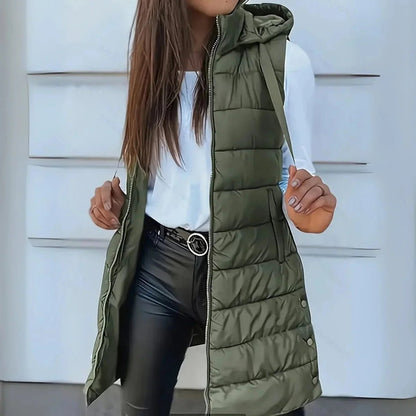Women's Longline Hooded Sleeveless Puffer Vest for Layering Side