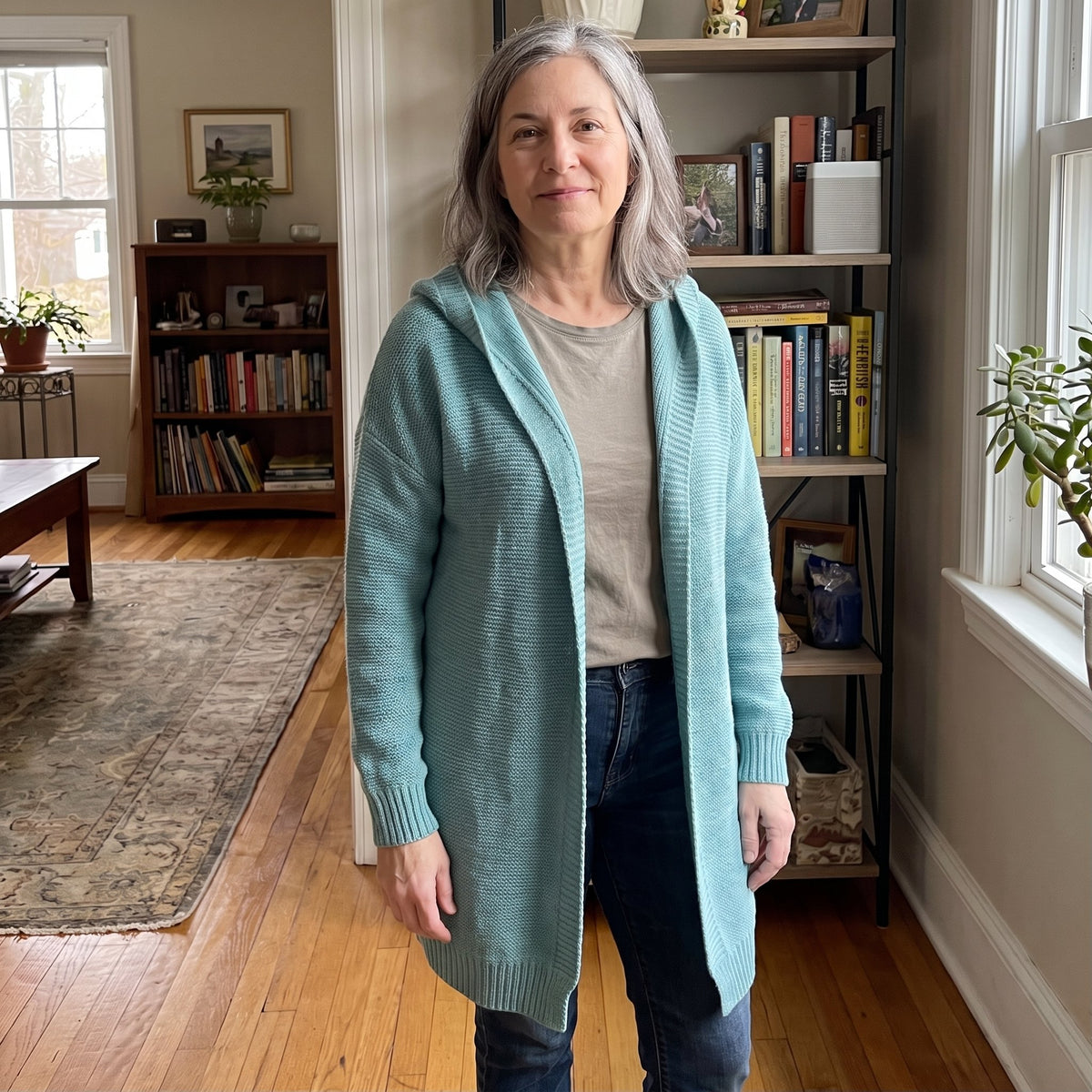 Women's Loose Knit Cardigan with Oversized Hood Front