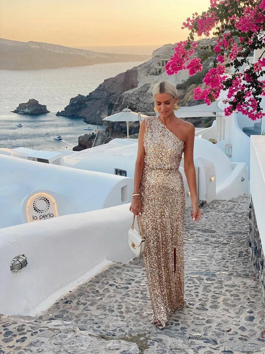 Women's One-Shoulder Sequin Cocktail Maxi Dress with Side Slit Back