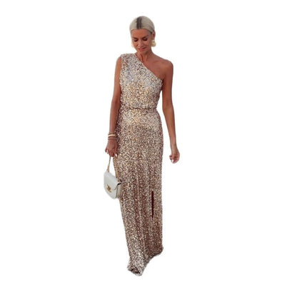 Women's One-Shoulder Sequin Cocktail Maxi Dress with Side Slit Side
