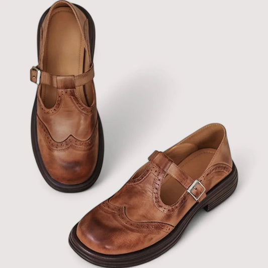 Women's Orthopaedic Leather Mary Jane Shoes with Brogue Detail Side