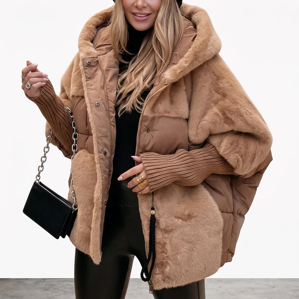 Women's Plush Hooded Coat with Quilted Faux Fur Detail Detail