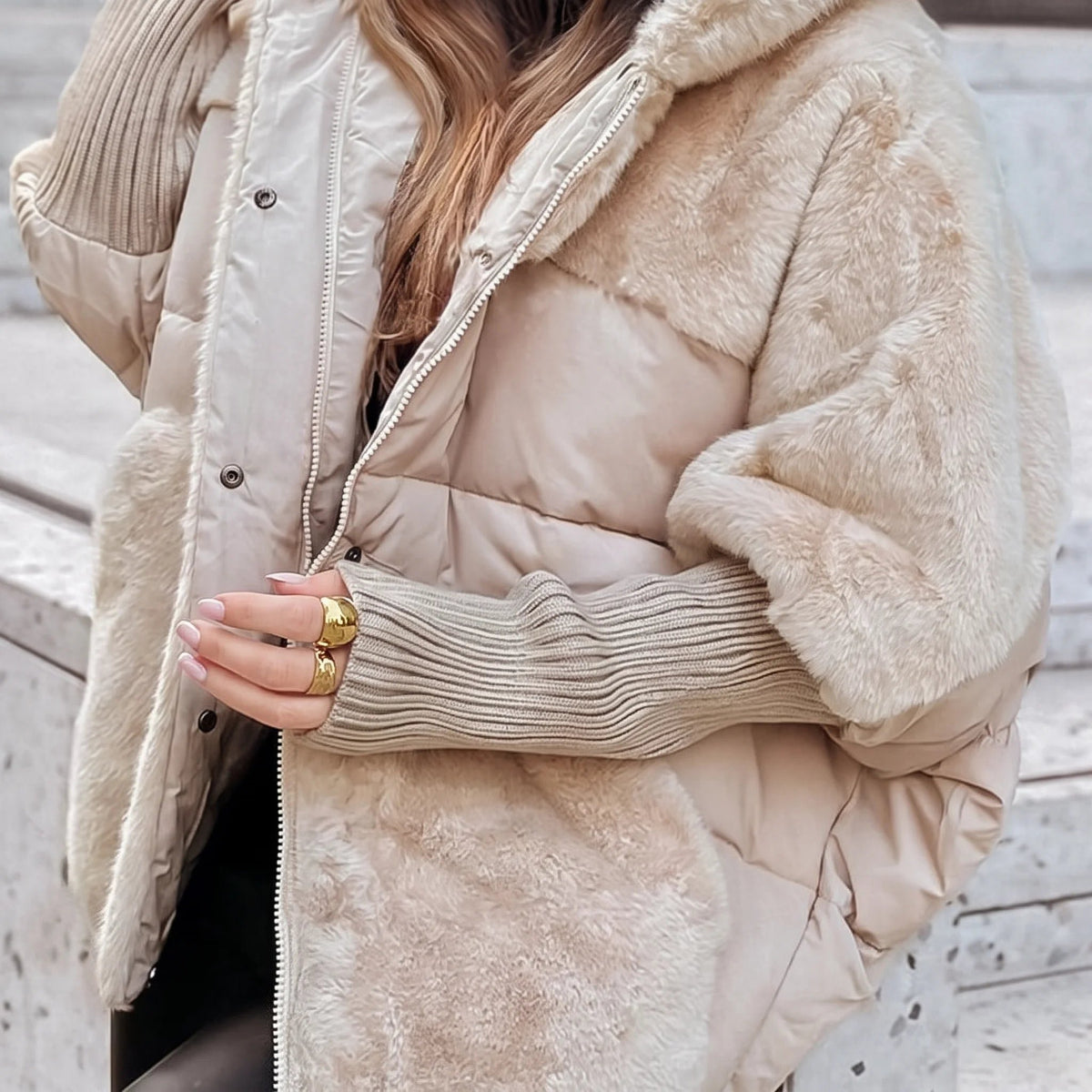 Women's Plush Hooded Coat with Quilted Faux Fur Detail Hero