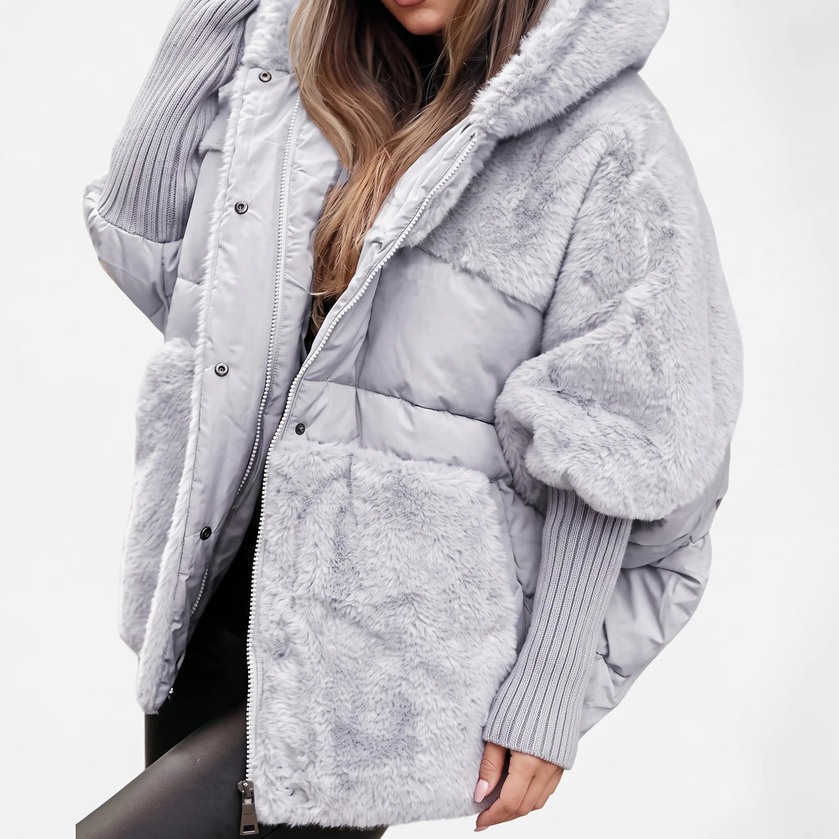 Women's Plush Hooded Coat with Quilted Faux Fur Detail Side