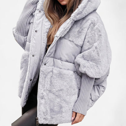Women's Plush Hooded Coat with Quilted Faux Fur Detail Side