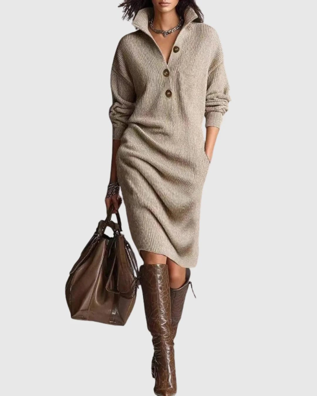 Women's Pure Wool Winter Knit Midi Dress Front