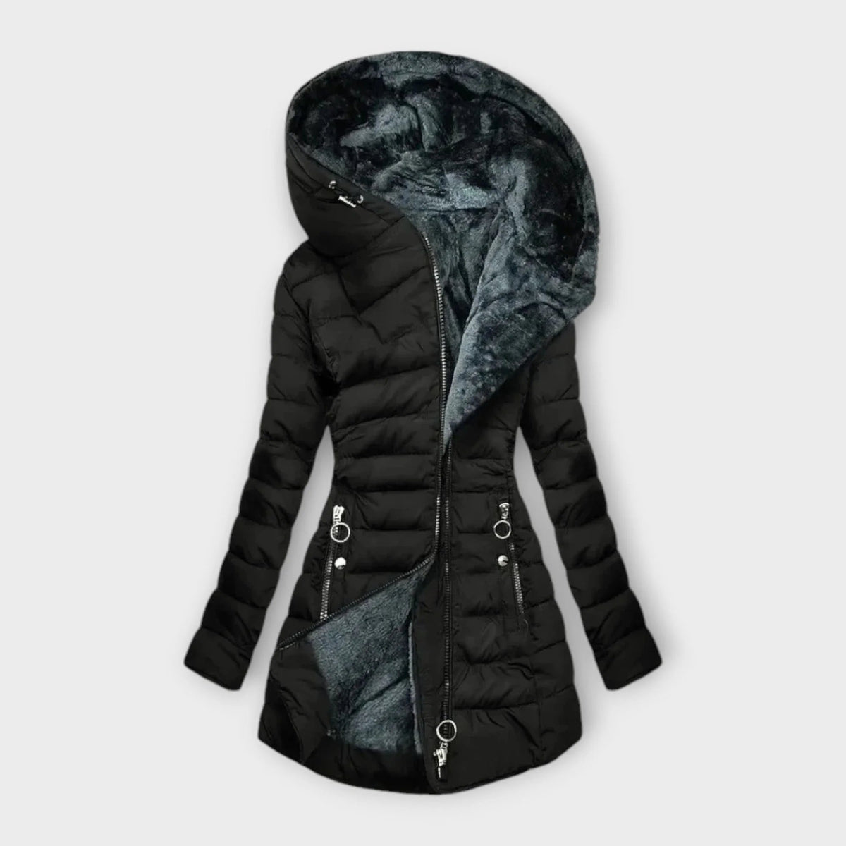 Women's Quilted Hooded Puffer Coat with Faux Fur Lining Front