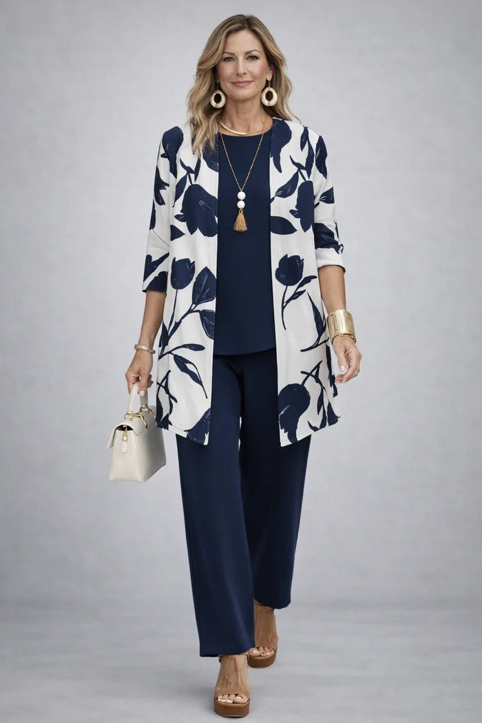 Women's Relaxed 3-Piece Set | Cardigan Top and Wide-Leg Trousers Angle