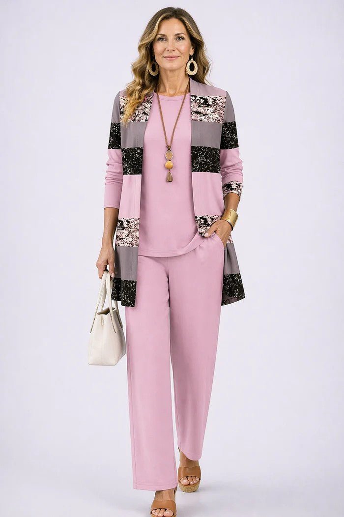 Women's Relaxed 3-Piece Set | Cardigan Top and Wide-Leg Trousers Back