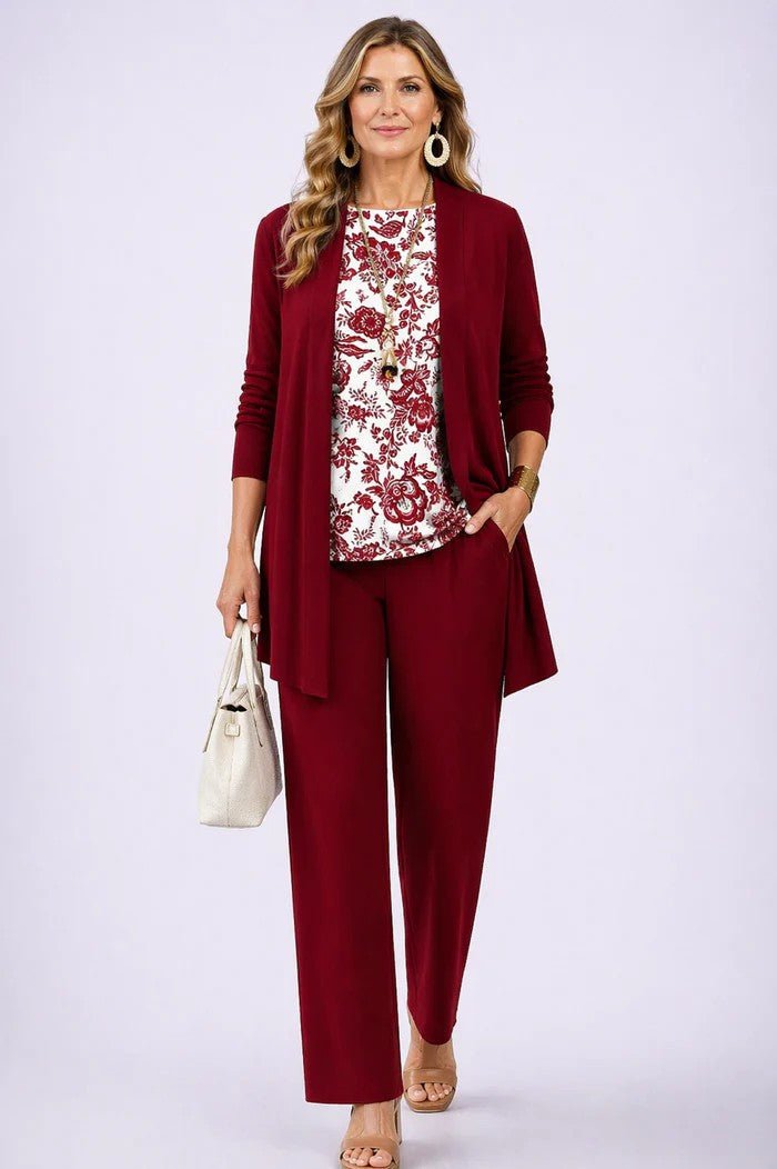 Women's Relaxed 3-Piece Set | Cardigan Top and Wide-Leg Trousers Close Up