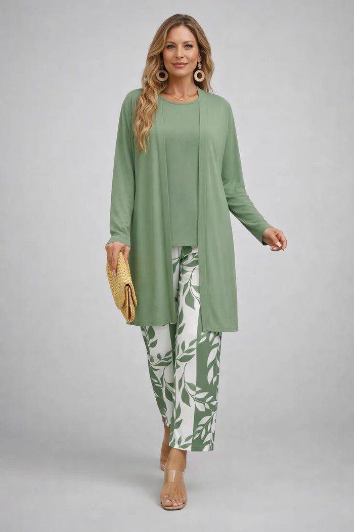 Women's Relaxed 3-Piece Set | Cardigan Top and Wide-Leg Trousers Detail