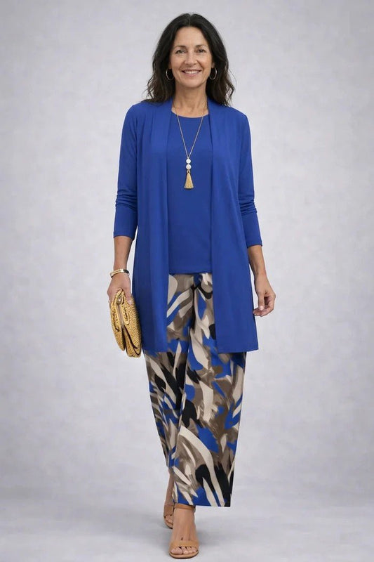 Women's Relaxed 3-Piece Set | Cardigan Top and Wide-Leg Trousers Front