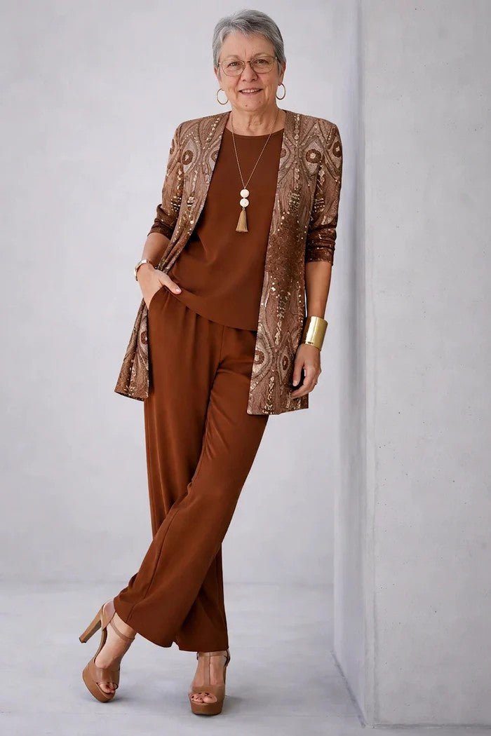 Women's Relaxed 3-Piece Set | Cardigan Top and Wide-Leg Trousers Full