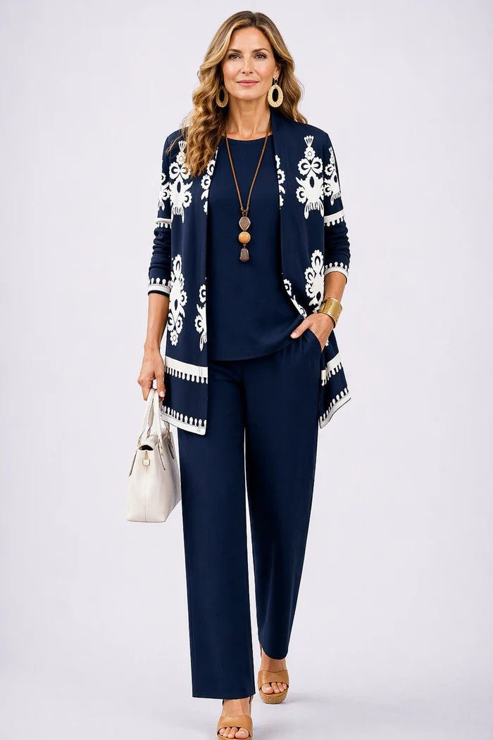 Women's Relaxed 3-Piece Set | Cardigan Top and Wide-Leg Trousers Lifestyle