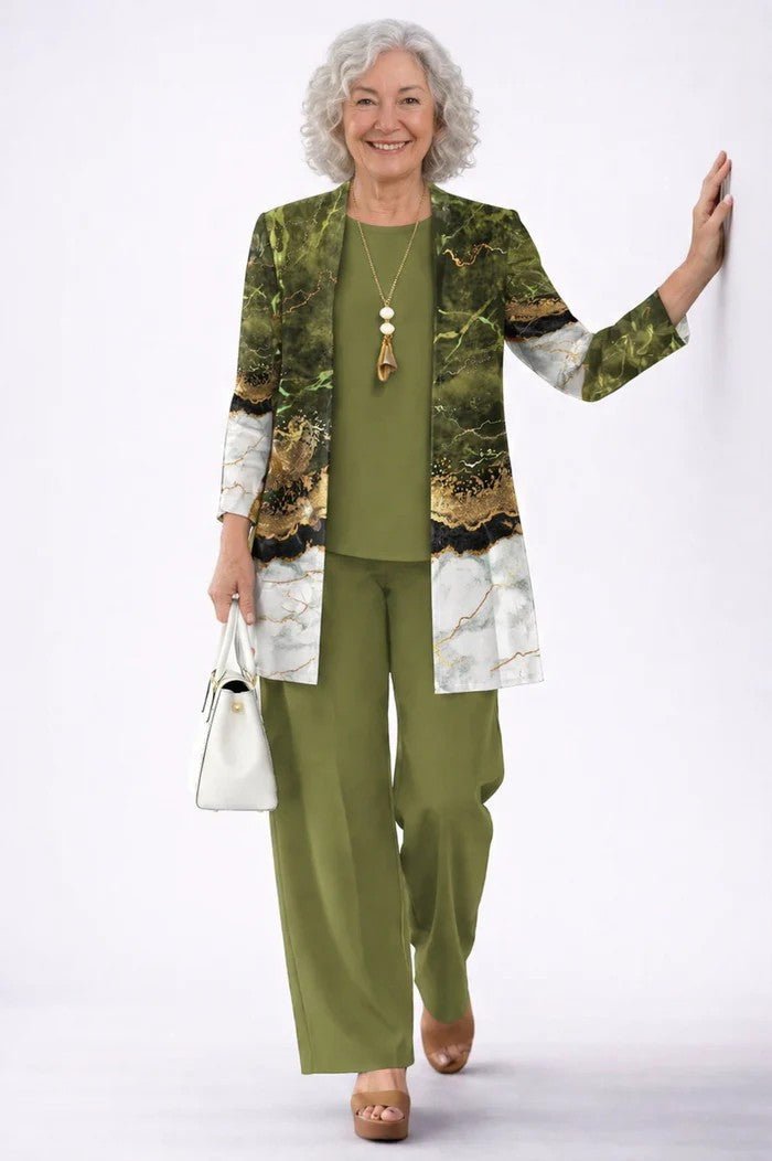 Women's Relaxed 3-Piece Set | Cardigan Top and Wide-Leg Trousers View 12