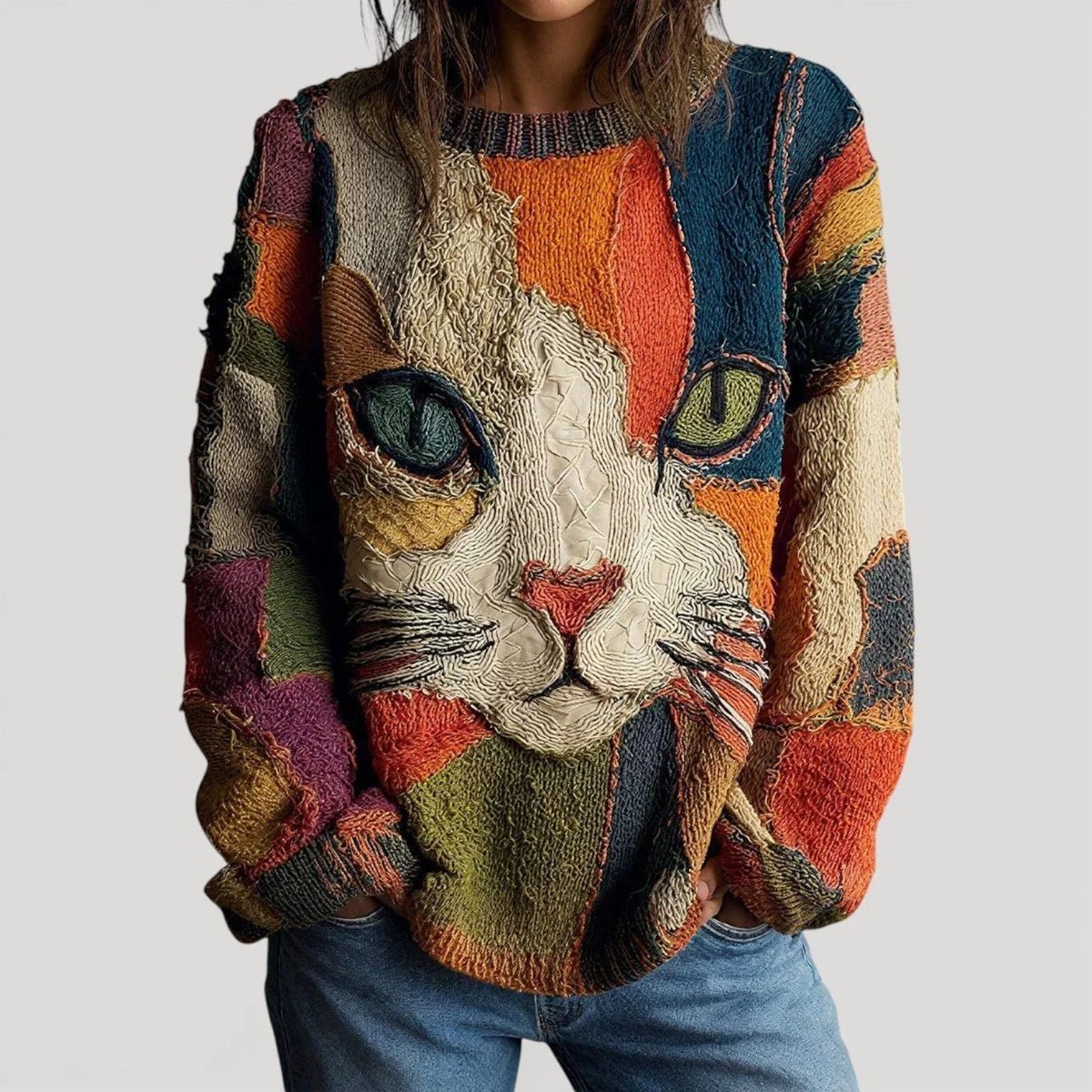 Women's Relaxed-Fit Graphic Crewneck Jumper with Cat Design Hero