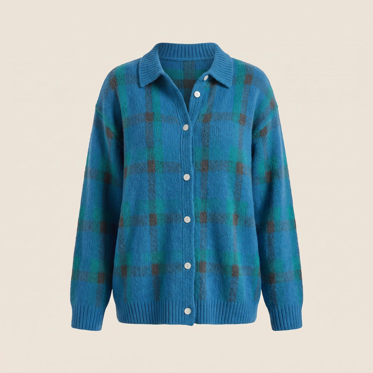 Women's Retro Check Sweater with Shirt Collar Angle