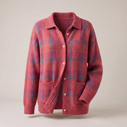 Women's Retro Check Sweater with Shirt Collar Back