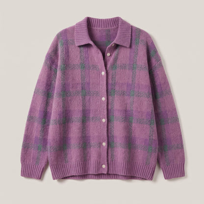 Women's Retro Check Sweater with Shirt Collar Close Up