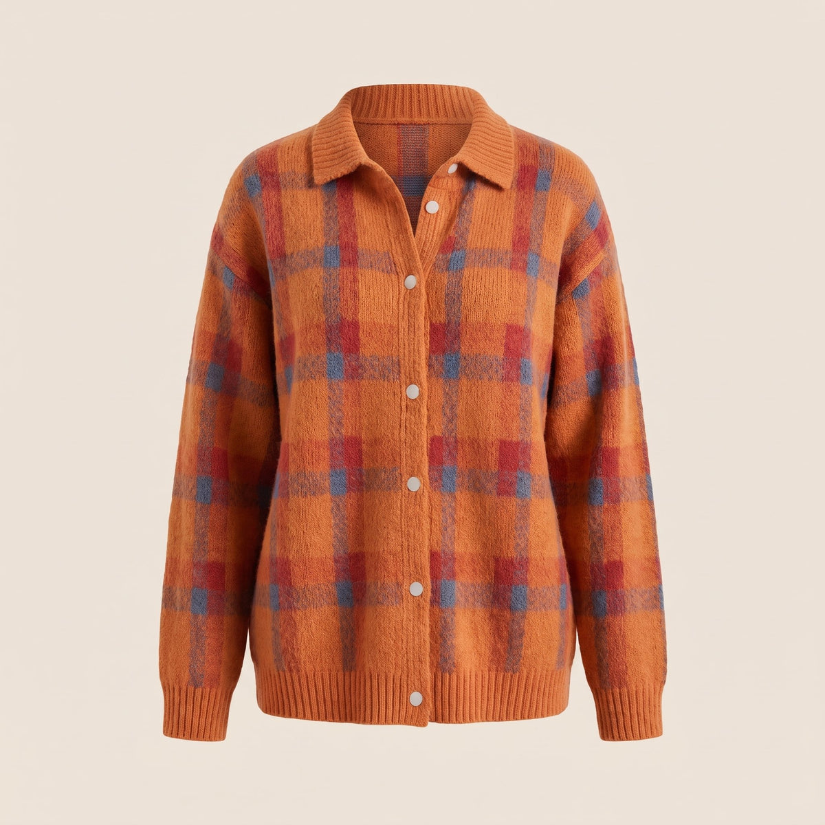 Women's Retro Check Sweater with Shirt Collar Front
