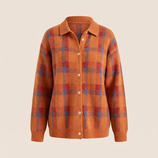 Women's Retro Check Sweater with Shirt Collar Front
