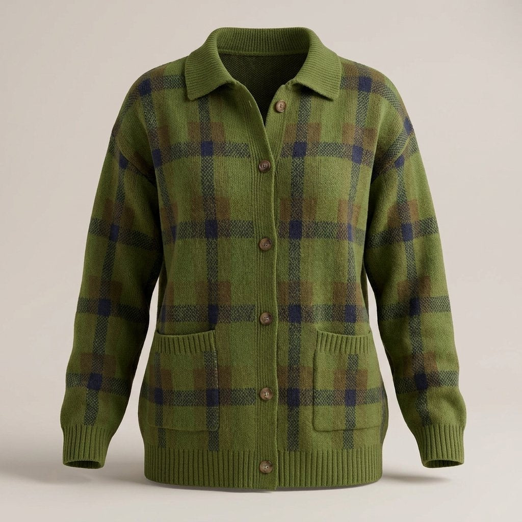 Women's Retro Check Sweater with Shirt Collar Full