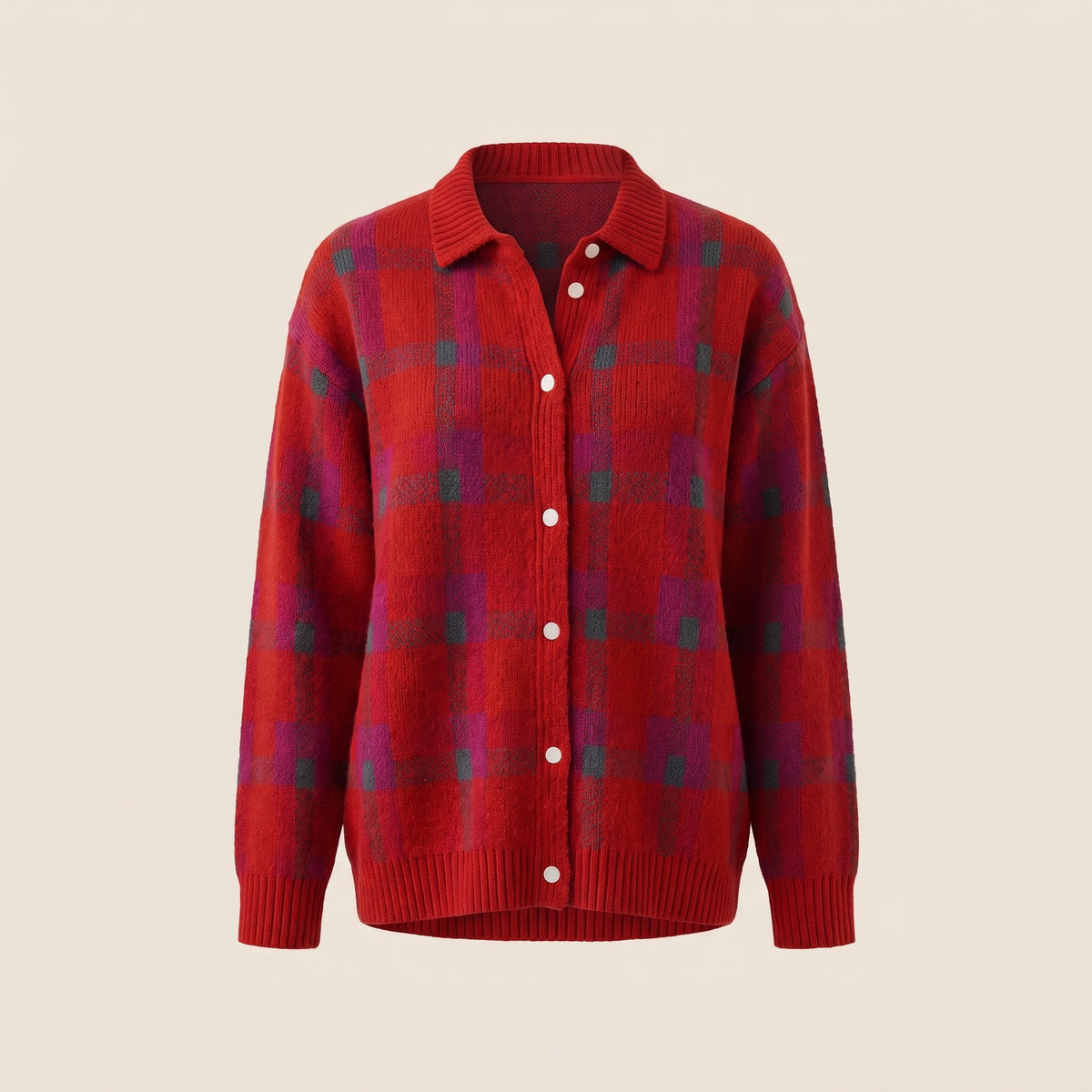 Women's Retro Check Sweater with Shirt Collar Side