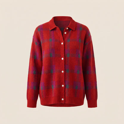 Women's Retro Check Sweater with Shirt Collar Side