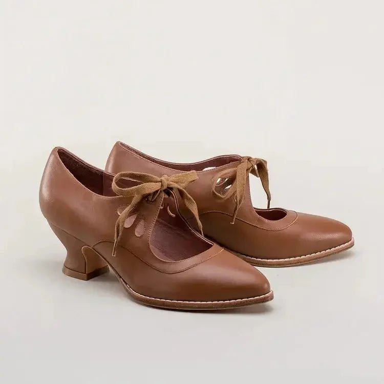 Women's Retro Leather High Heels | Flared Heel Cutout Style Angle