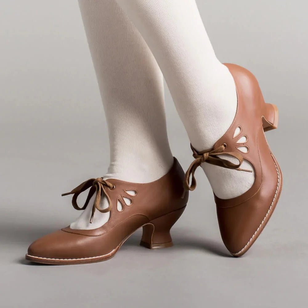 Women's Retro Leather High Heels | Flared Heel Cutout Style Back