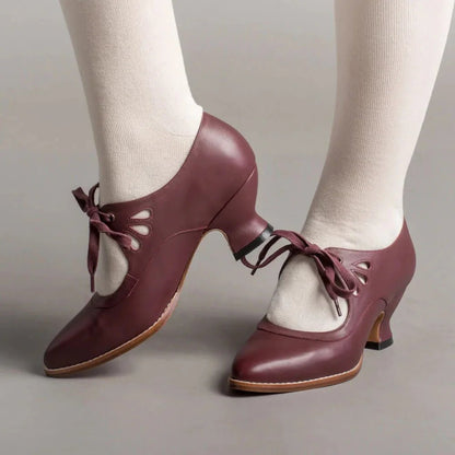 Women's Retro Leather High Heels | Flared Heel Cutout Style Detail