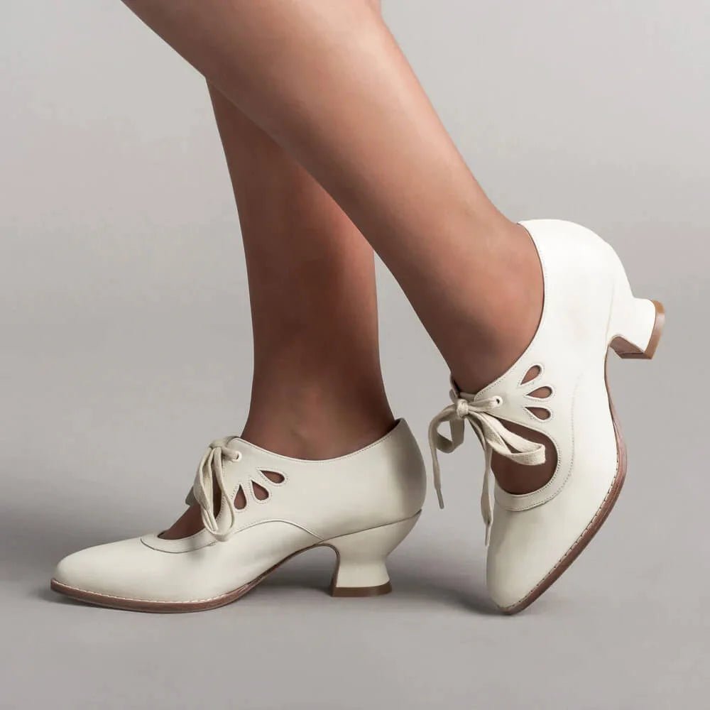 Women's Retro Leather High Heels | Flared Heel Cutout Style Front