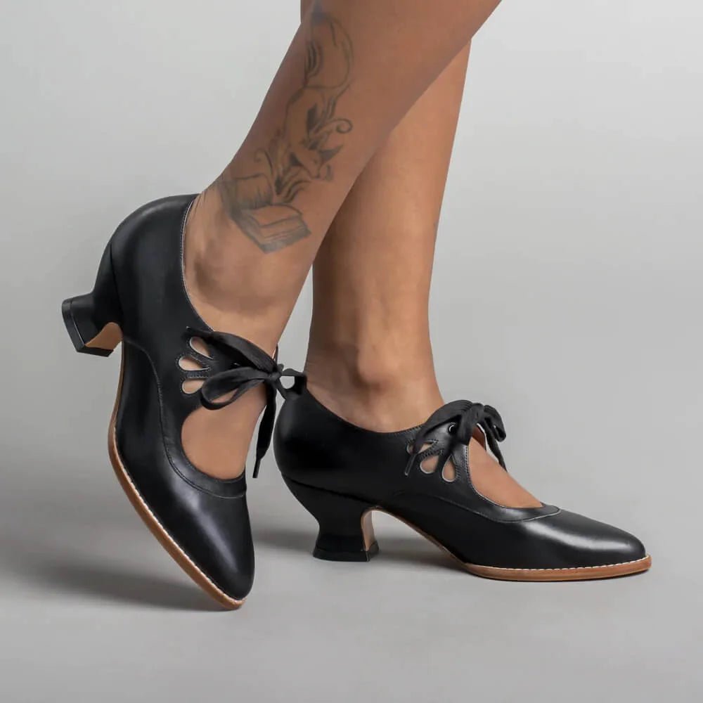 Women's Retro Leather High Heels | Flared Heel Cutout Style Hero