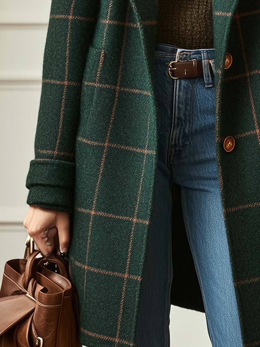 Women's Retro Plaid Tweed Coat with Lapel Collar Detail
