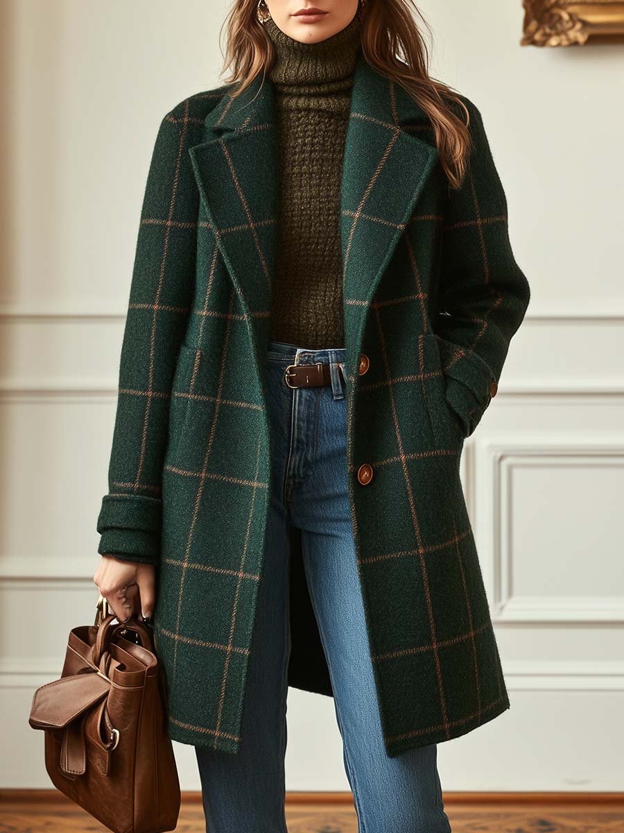 Women's Retro Plaid Tweed Coat with Lapel Collar Hero