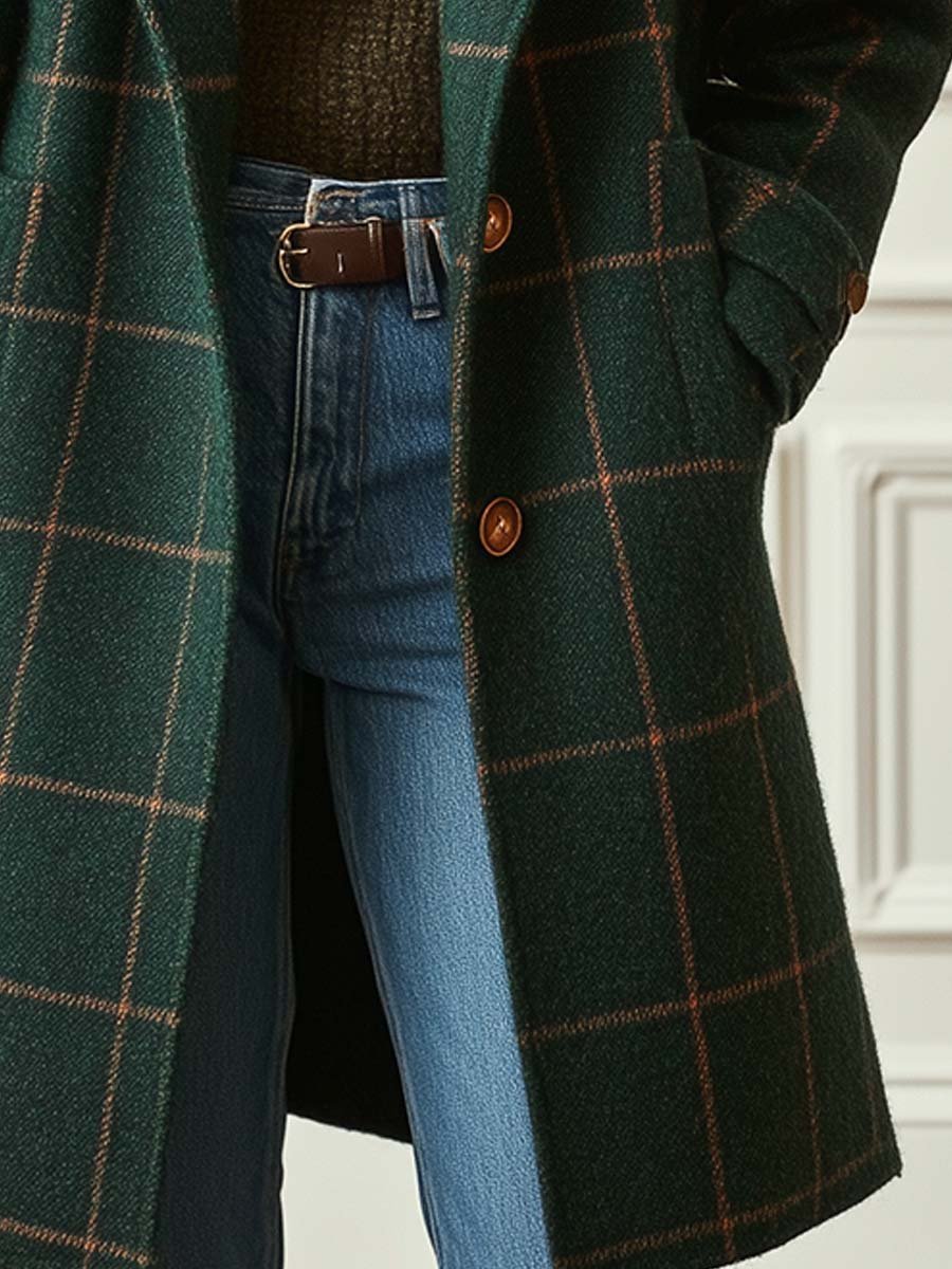 Women's Retro Plaid Tweed Coat with Lapel Collar Side