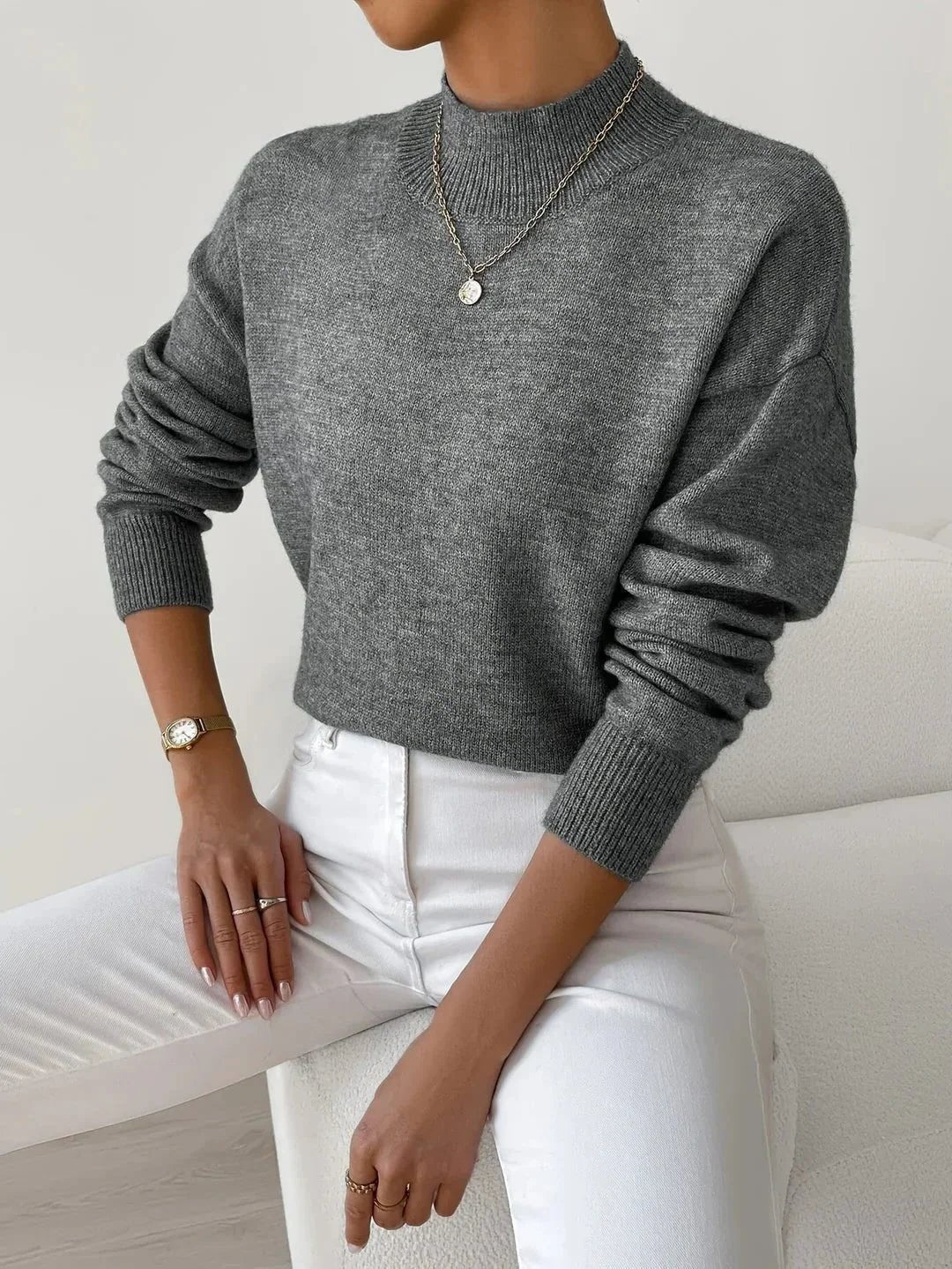 Women's Ribbed Roll Neck Sweater with Fitted Cuffs Full