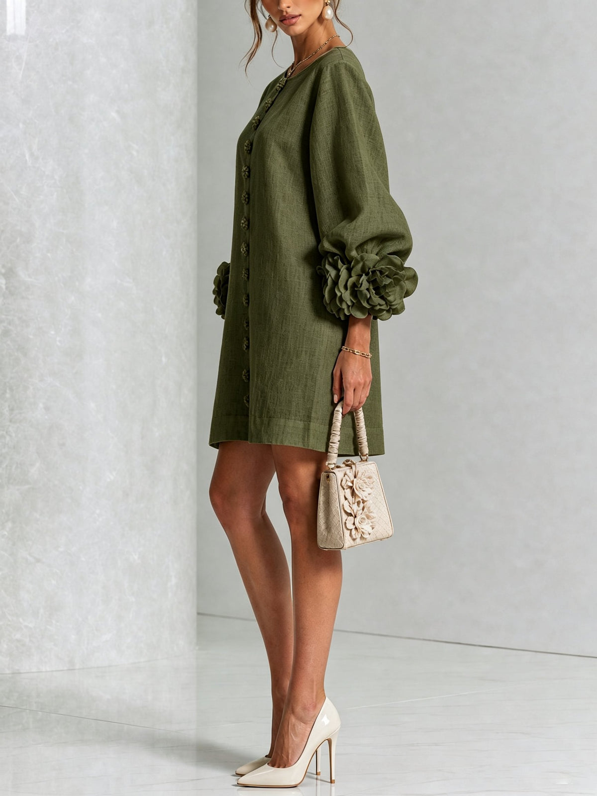 Women's Sculptural Shift Dress with Statement Sleeves Angle