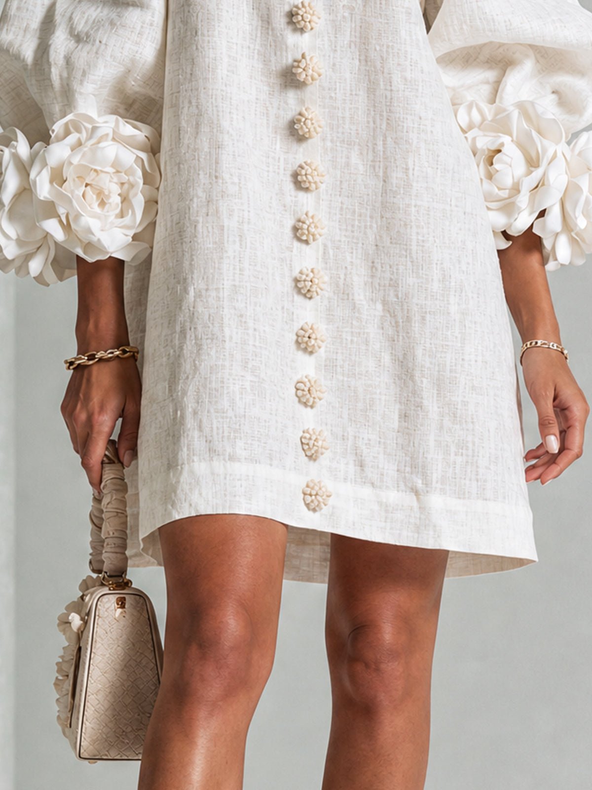 Women's Sculptural Shift Dress with Statement Sleeves Close Up