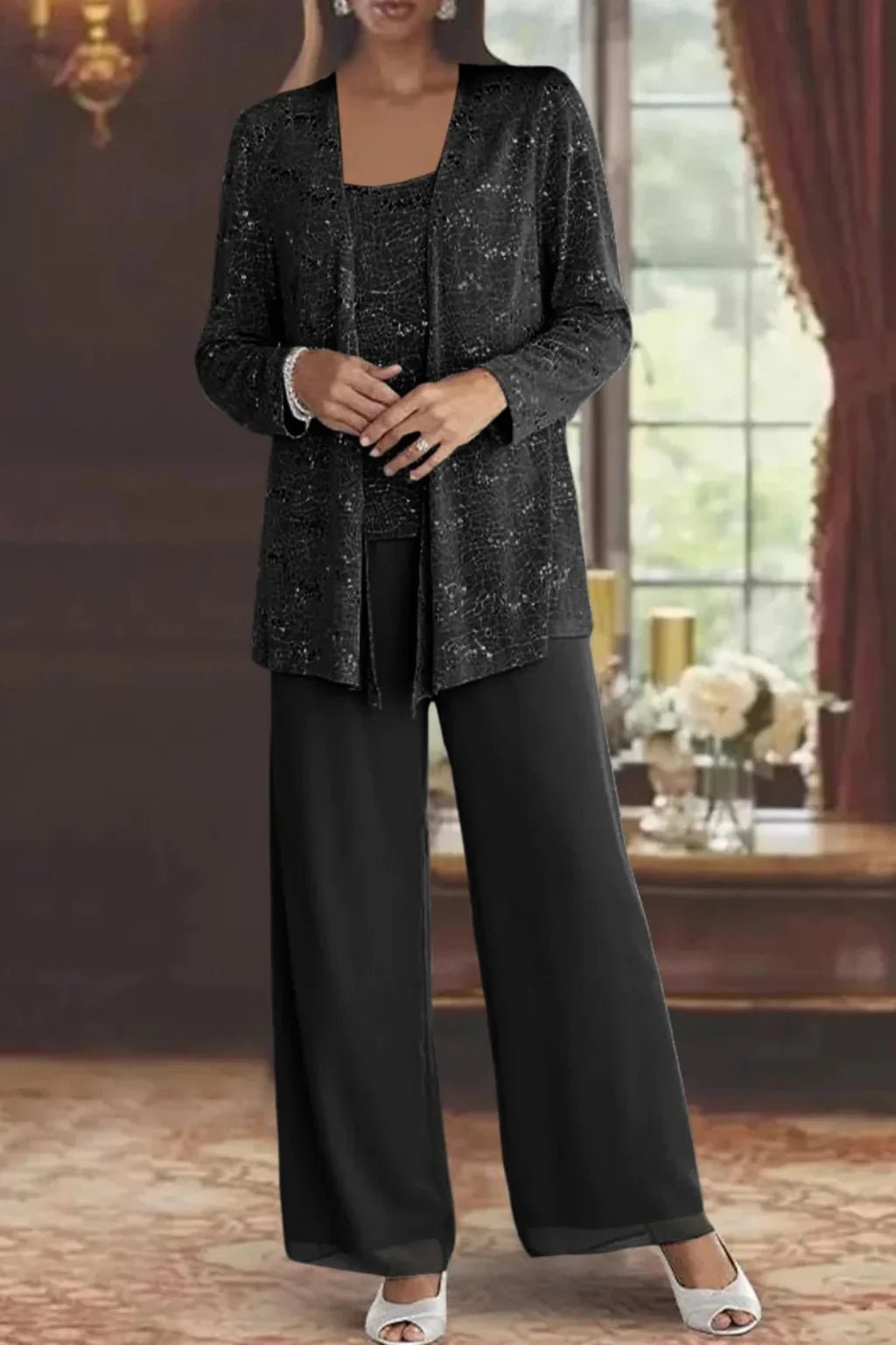 Women's Sequin Three-Piece Set | Wide Leg Evening Occasion Close Up