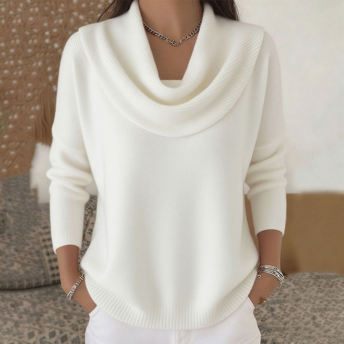 Women's Soft Elegance Cotton Jumper with Cowl Neck Angle
