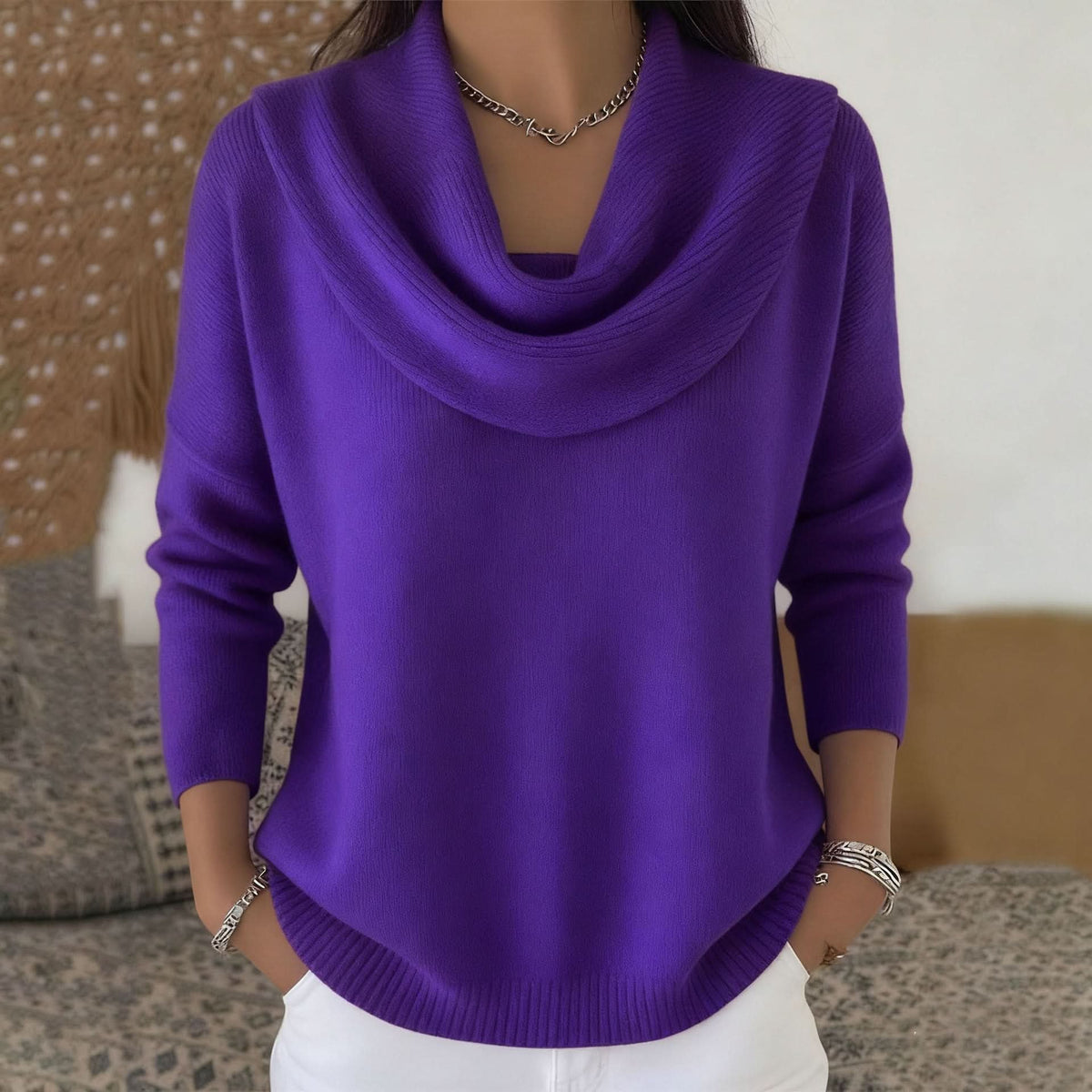 Women's Soft Elegance Cotton Jumper with Cowl Neck Close Up