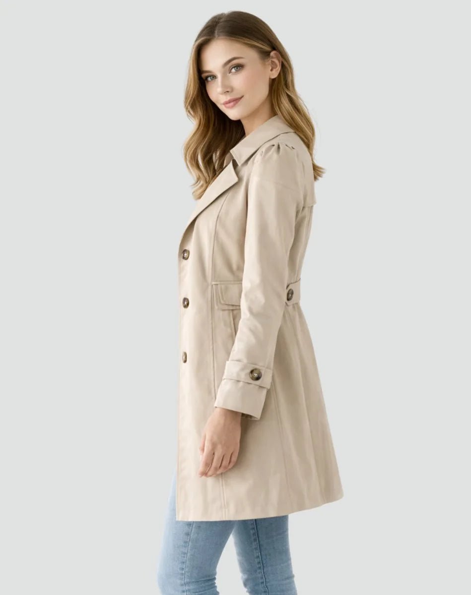 Women's Tailored Double-Breasted Trench Coat with Mid-Length Fit Close Up
