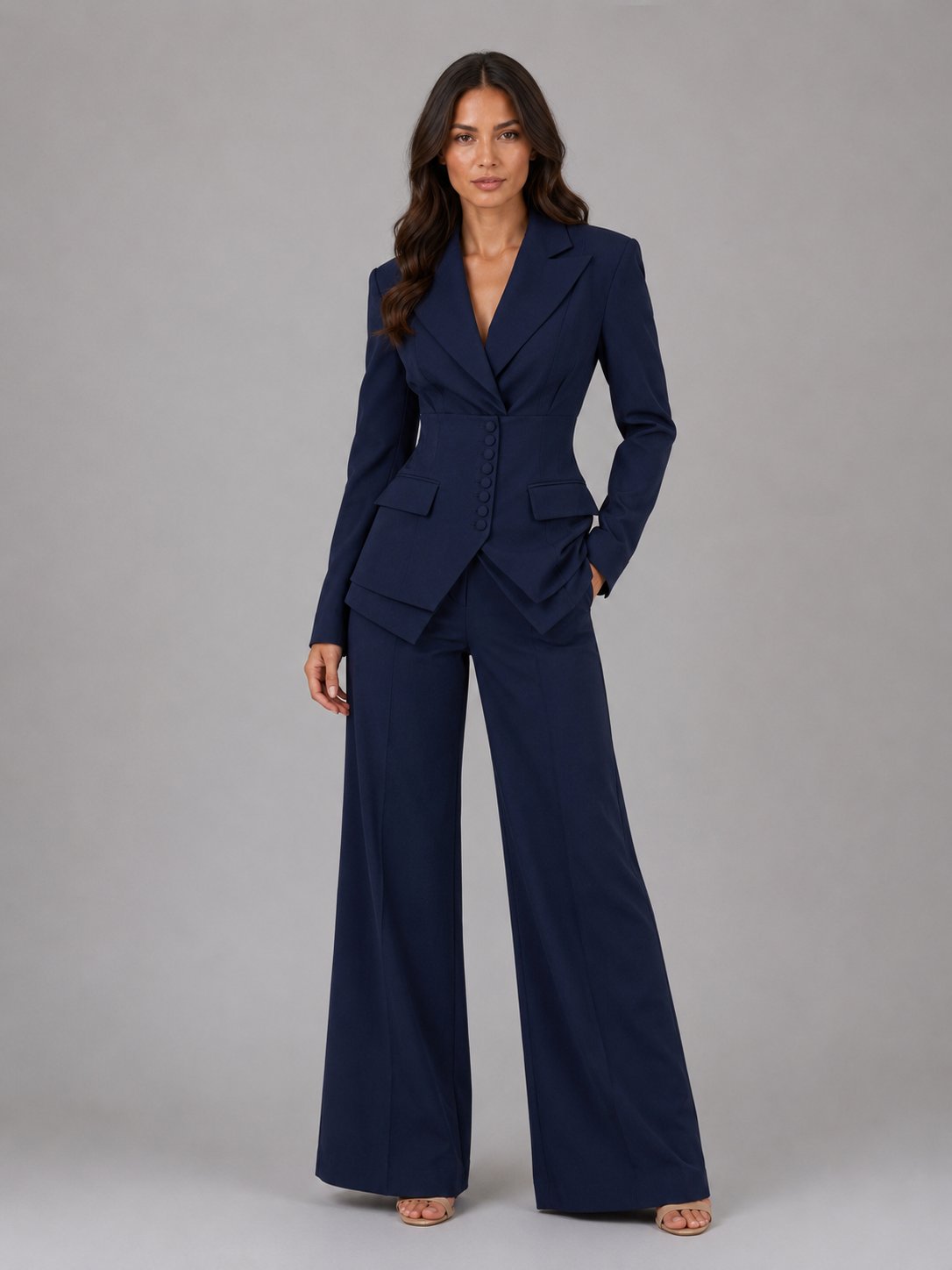 Women's Tailored Two-Piece Suit | Wide-Leg Trousers Cinched Waist Close Up