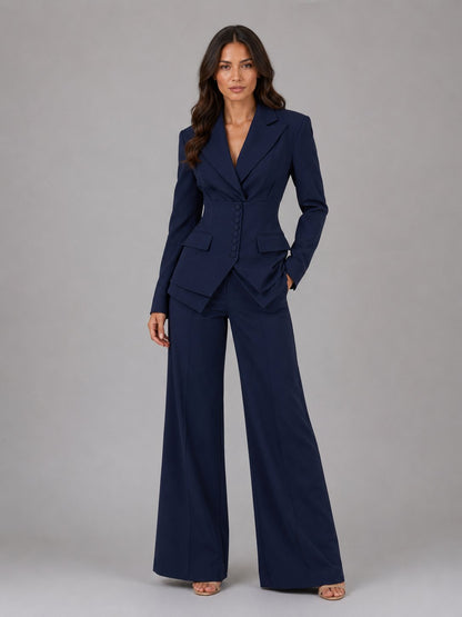 Women's Tailored Two-Piece Suit | Wide-Leg Trousers Cinched Waist Close Up