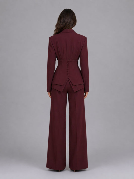 Women's Tailored Two-Piece Suit | Wide-Leg Trousers Cinched Waist Front