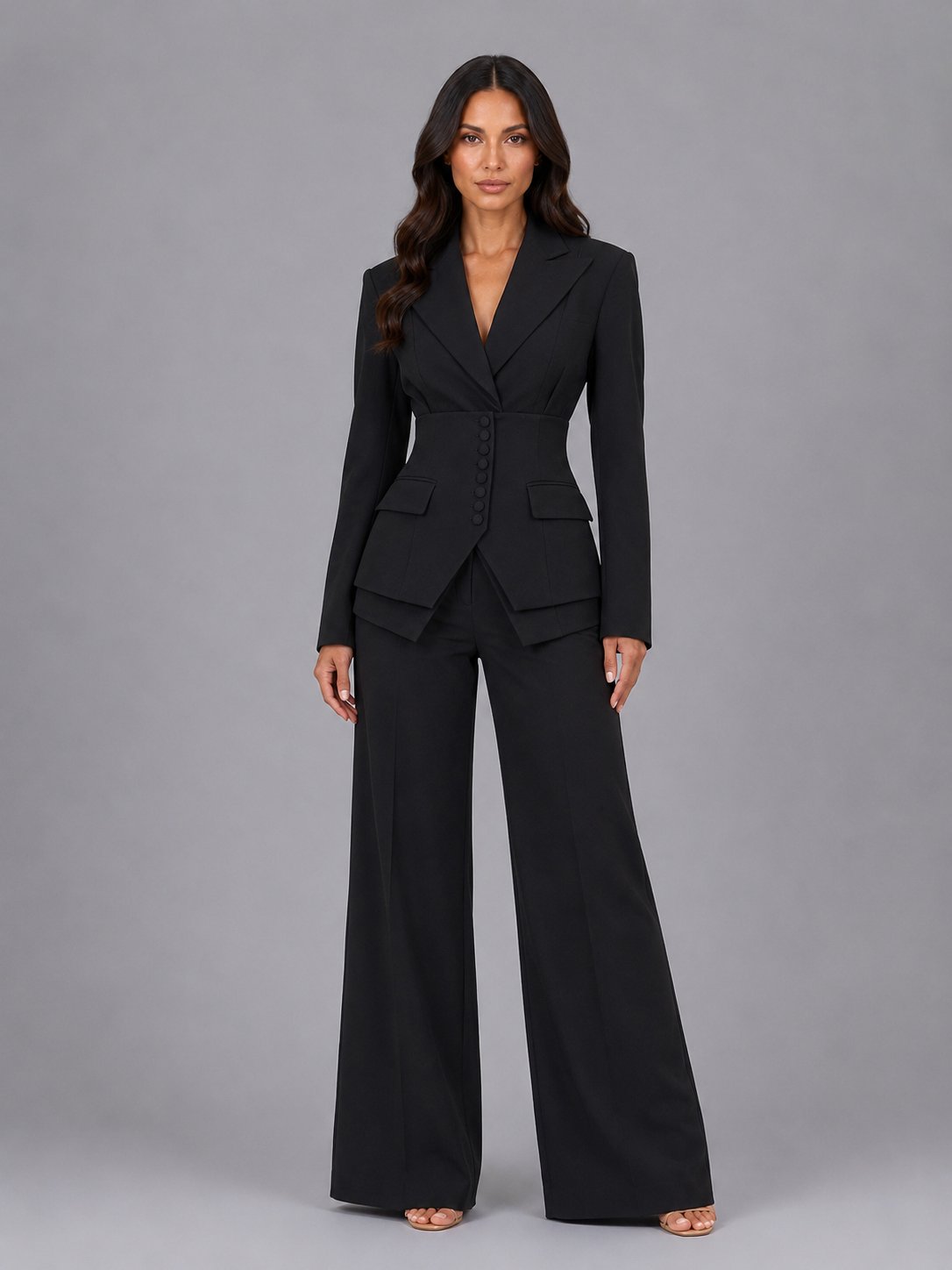 Women's Tailored Two-Piece Suit | Wide-Leg Trousers Cinched Waist Lifestyle